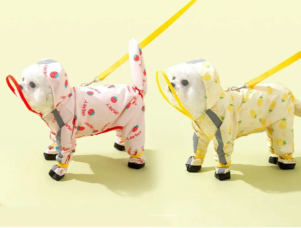 1Pcs Dog Raincoat 4-Leg Full Coverage Waterproof Leash Hook Hooded Reflective Pet Rain Jacket with Boots Detachable Tail Cover