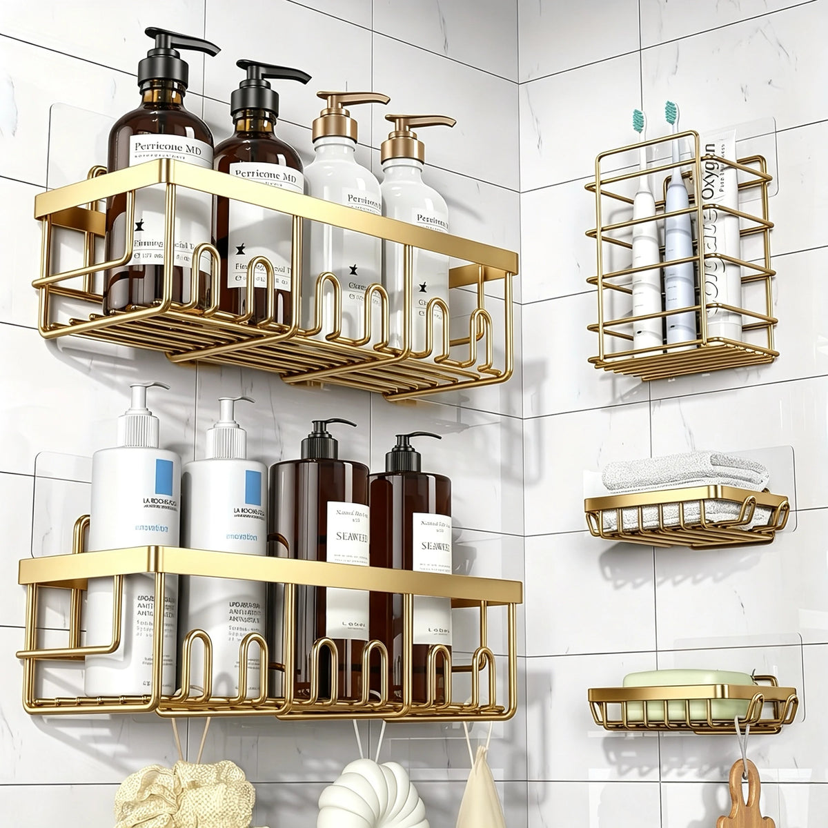 Shower Caddy Organizer, 5-Pack Adhesive Rustproof Stainless Steel Shower Shelves with Soap Holder, No Drilling Shower Storage Rack for Family Renters Bathroom, Black
