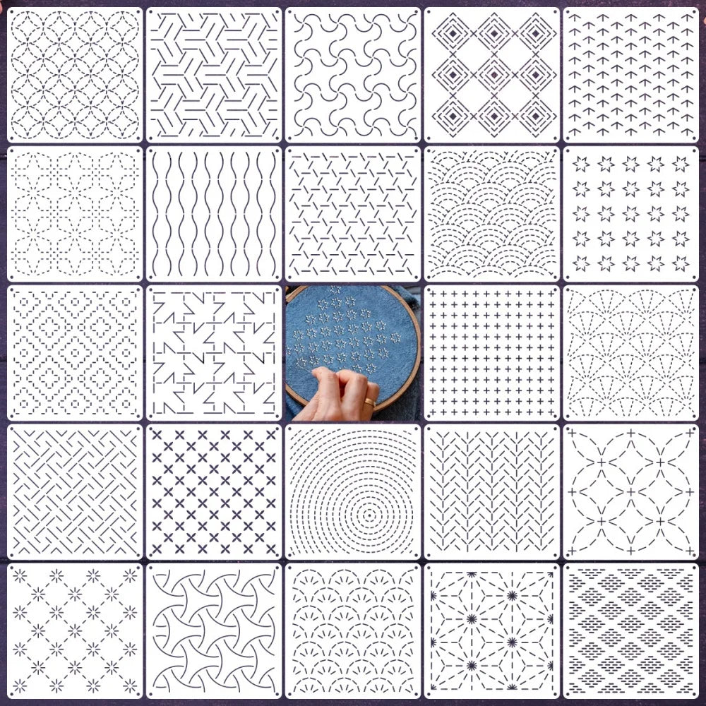 8/9/24/32Pcs Sashiko Embroidery Templates DIY Embroidery Patterns Geometric Line Quilting Template Reusable Sewing Stencils