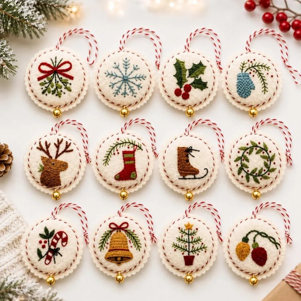 Round DIY Felt Embroidered Christmas Ornament Kit Beginner-friendly Pre-cut Felt Christmas Embroidery Craft Kit with Guidance