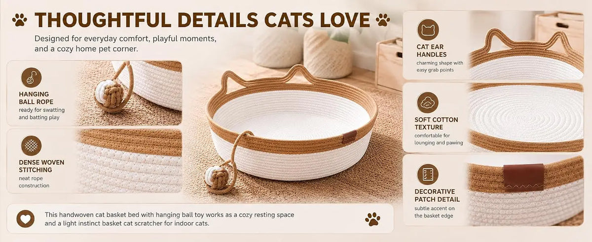 35/40/46cm Handwoven Cotton Rope Cat Basket Bed with Cat Ear Handles Ball Toy Indoor Cat Nest Sleeping Basket