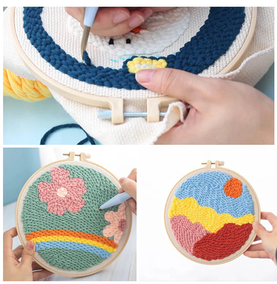 Punch Needle Embroidery Kit for Adults Beginners DIY Embroidery Frame Craft Supplies Rug Tufting Including Yarns Hoop Tools Art