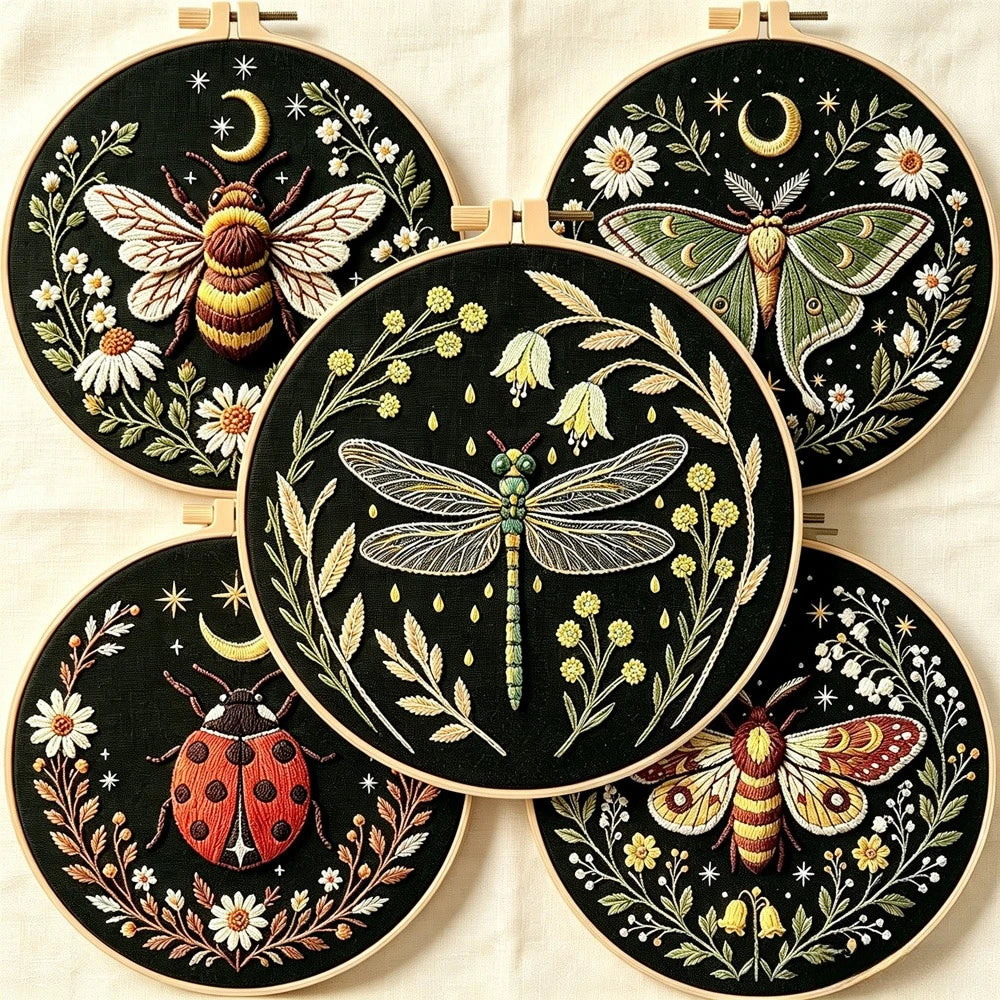 Dragonfly Butterfly Bee Insect with Flower Embroidery Kit with EN Instructions,Thread,Stamped Cloth with Pattern for DIY Gift