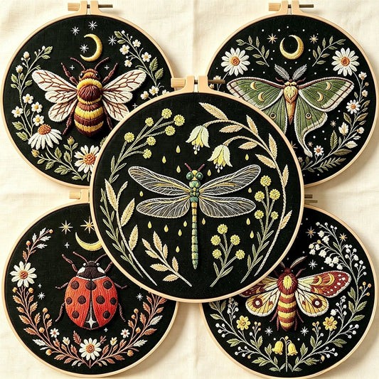 Dragonfly Butterfly Bee Insect with Flower Embroidery Kit with EN Instructions,Thread,Stamped Cloth with Pattern for DIY Gift