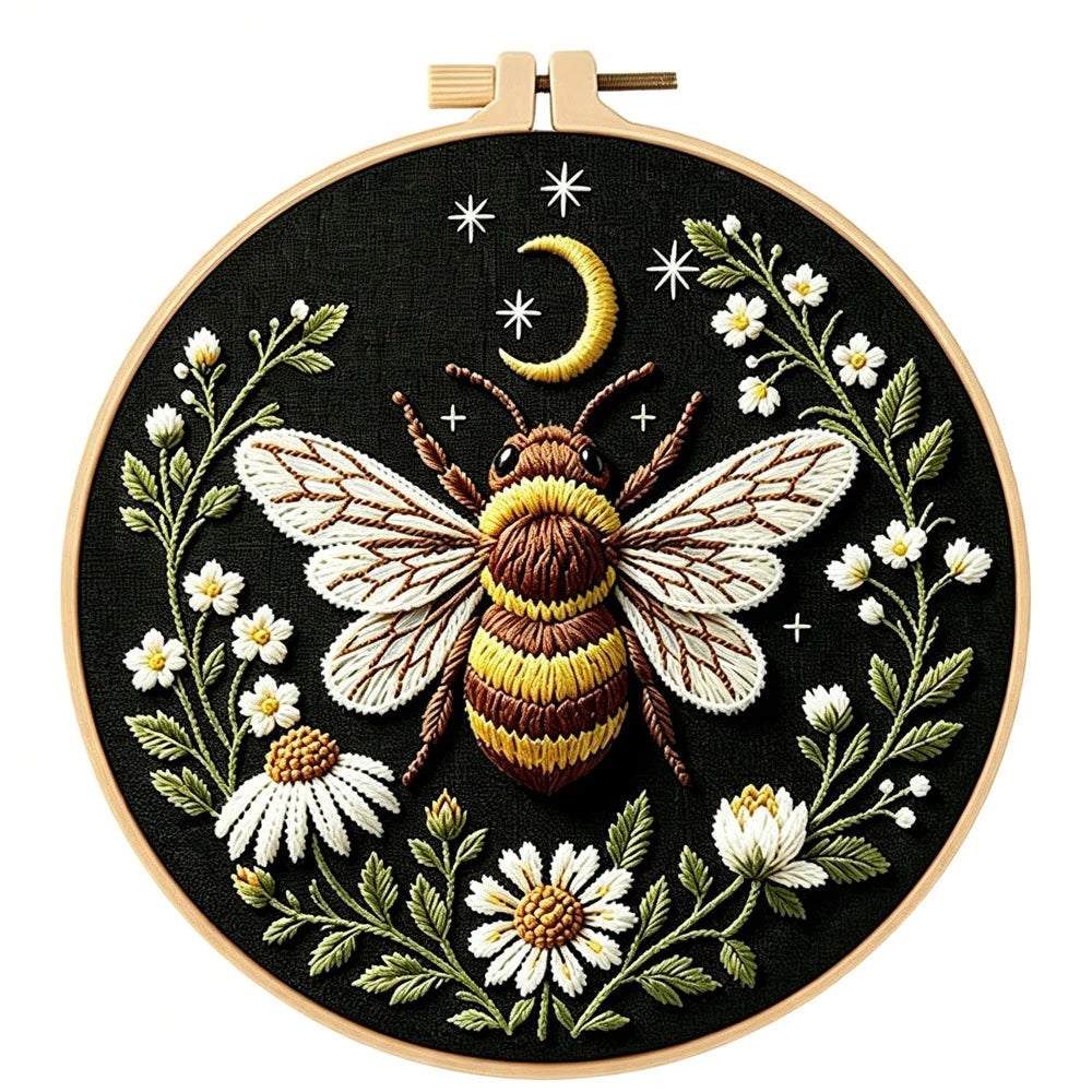 Dragonfly Butterfly Bee Insect with Flower Embroidery Kit with EN Instructions,Thread,Stamped Cloth with Pattern for DIY Gift