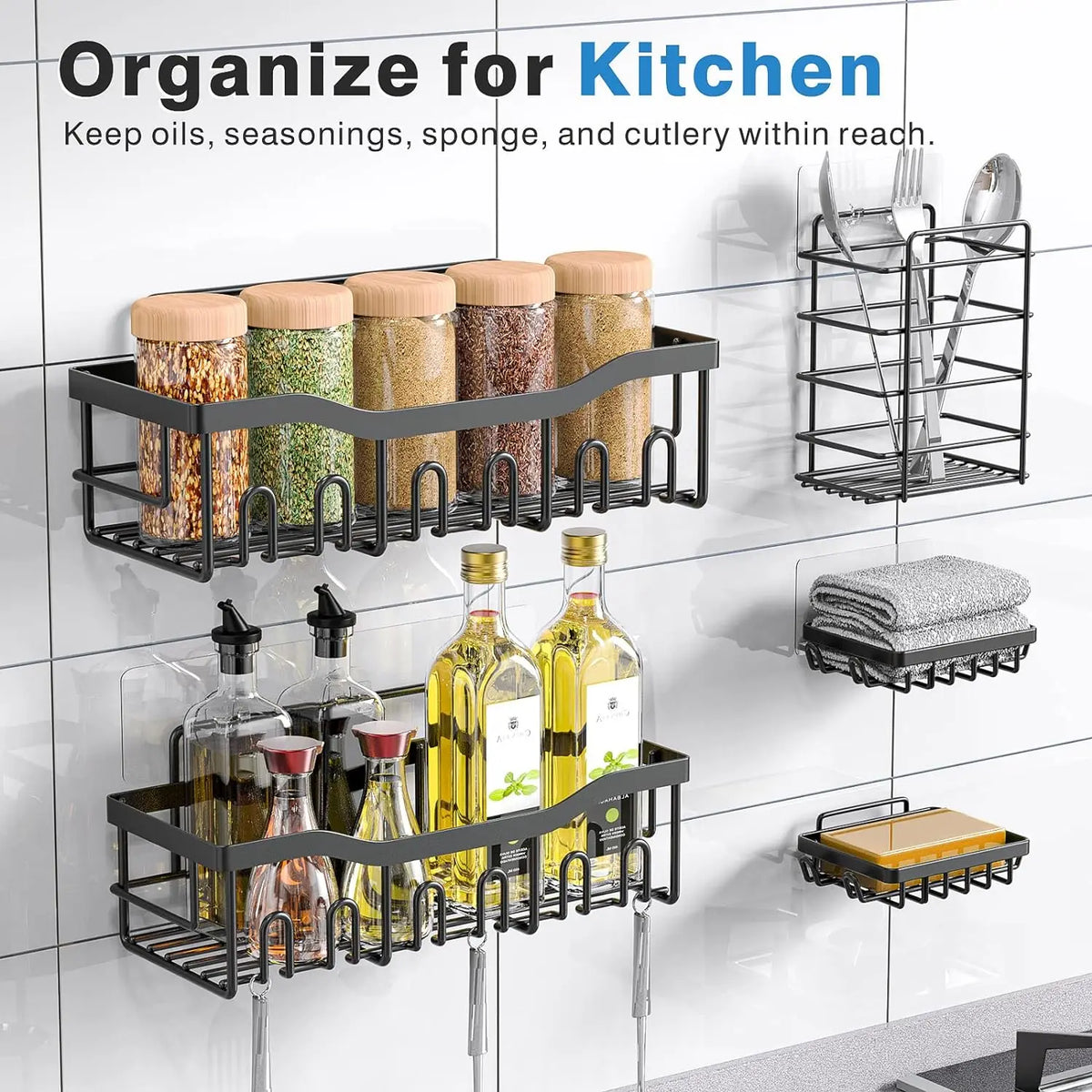 Shower Caddy Organizer, 5-Pack Adhesive Rustproof Stainless Steel Shower Shelves with Soap Holder, No Drilling Shower Storage Rack for Family Renters Bathroom, Black