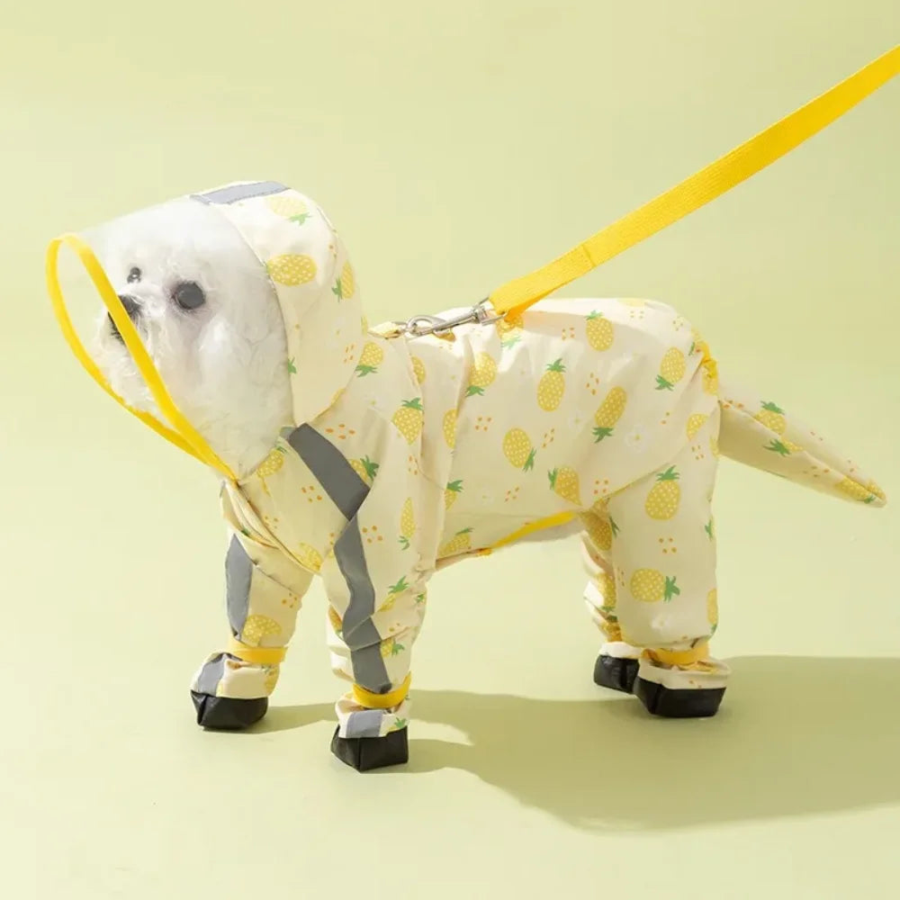 1Pcs Dog Raincoat 4-Leg Full Coverage Waterproof Leash Hook Hooded Reflective Pet Rain Jacket with Boots Detachable Tail Cover