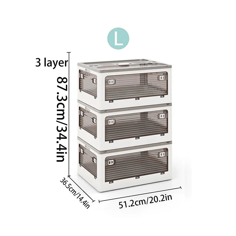 Plastic Storage Box with Lid, Foldable with Wheels, Five-Opening Door, Stackable, Used for Organizing Clothes, Snacks, and Camping, White and Light Yellow