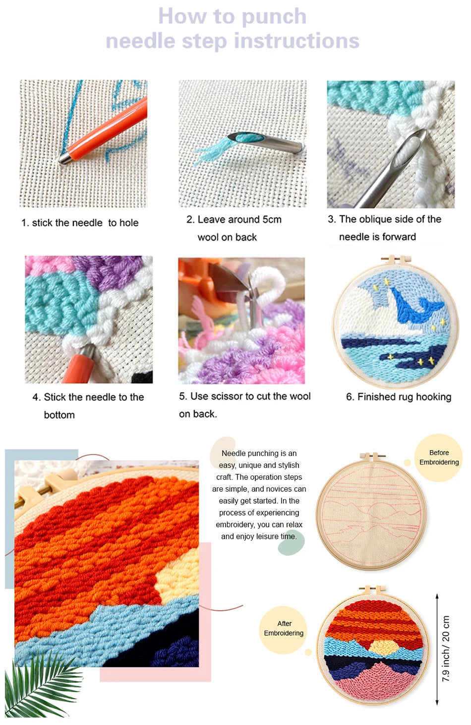 Punch Needle Embroidery Kit for Adults Beginners DIY Embroidery Frame Craft Supplies Rug Tufting Including Yarns Hoop Tools Art