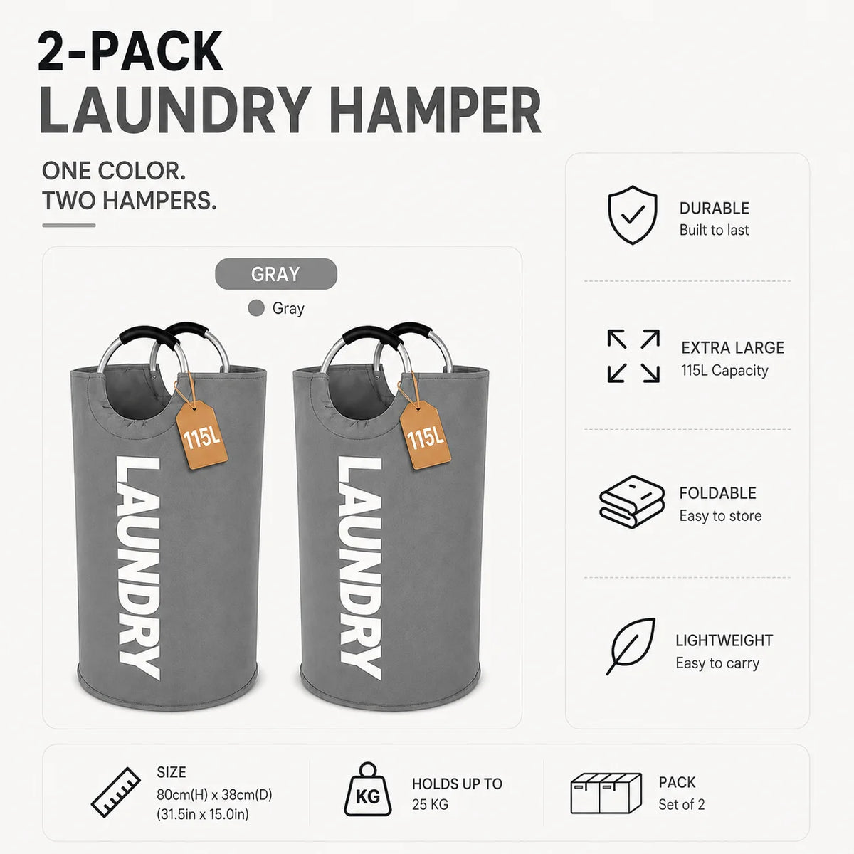 2 Pack 115L Extra Large Laundry Hamper, Foldable Laundry Basket with Soft Padded Handles, Freestanding Collapsible Laundry Bag for Clothes Storage, Bedroom, Bathroom, Dorm & Laundry Room