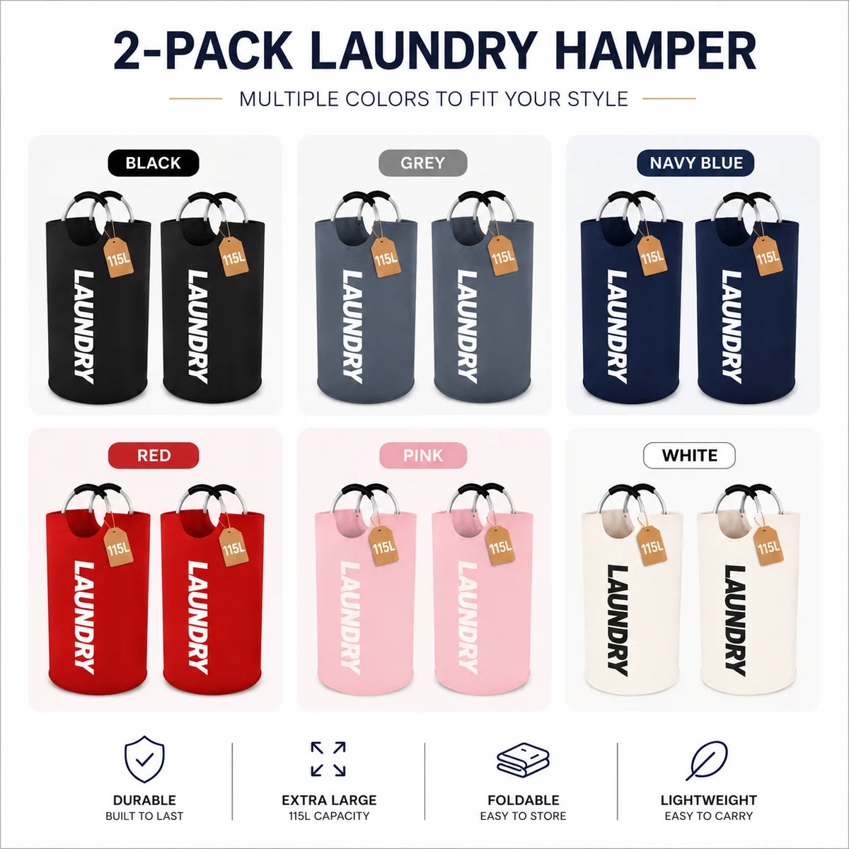 2 Pack 115L Extra Large Laundry Hamper, Foldable Laundry Basket with Soft Padded Handles, Freestanding Collapsible Laundry Bag for Clothes Storage, Bedroom, Bathroom, Dorm & Laundry Room