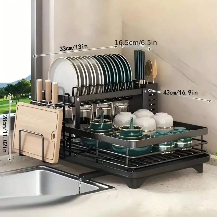 2 Tier Stainless Steel Dish Drying Rack with Drainboard, Large Rustproof Kitchen Counter Drainer for Bowls, Pans & Utensils, Detachable Water Drip Tray