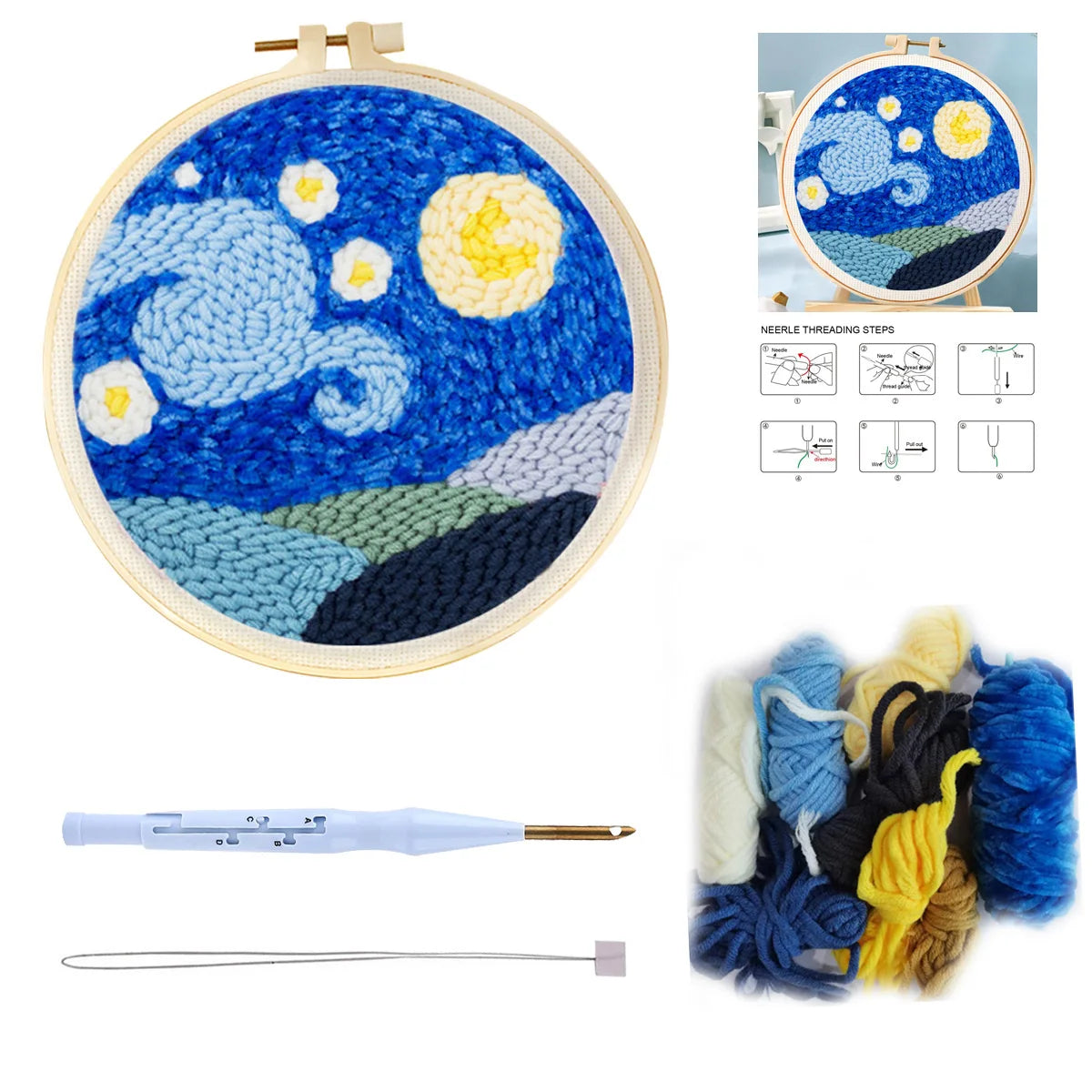Punch Needle Embroidery Kit for Adults Beginners DIY Embroidery Frame Craft Supplies Rug Tufting Including Yarns Hoop Tools Art