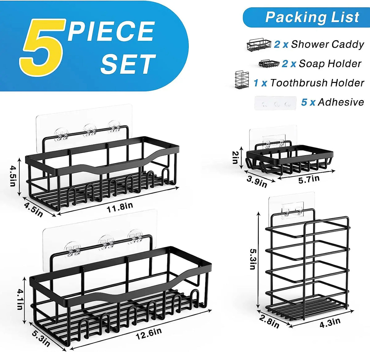 Shower Caddy Organizer, 5-Pack Adhesive Rustproof Stainless Steel Shower Shelves with Soap Holder, No Drilling Shower Storage Rack for Family Renters Bathroom, Black