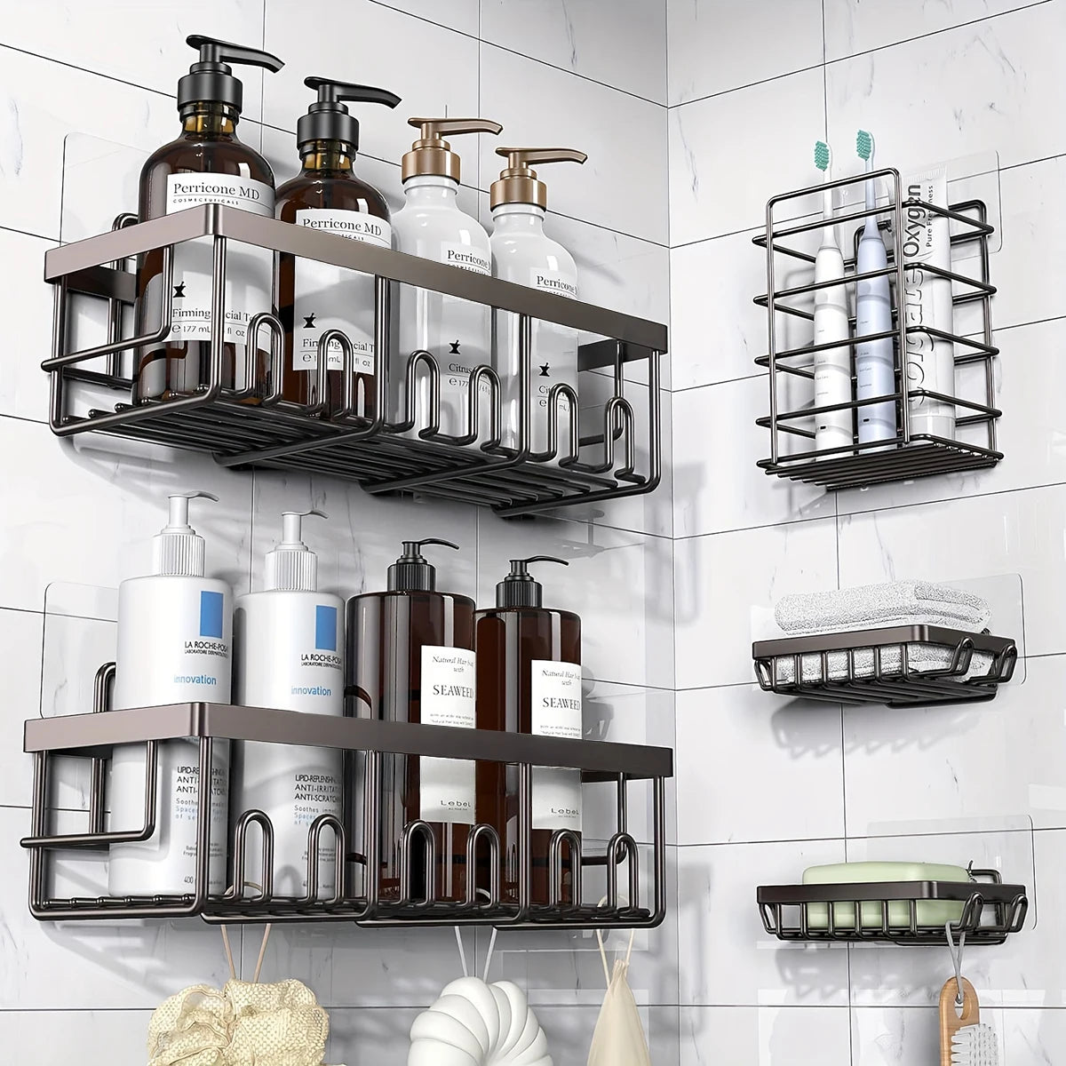 Shower Caddy Organizer, 5-Pack Adhesive Rustproof Stainless Steel Shower Shelves with Soap Holder, No Drilling Shower Storage Rack for Family Renters Bathroom, Black