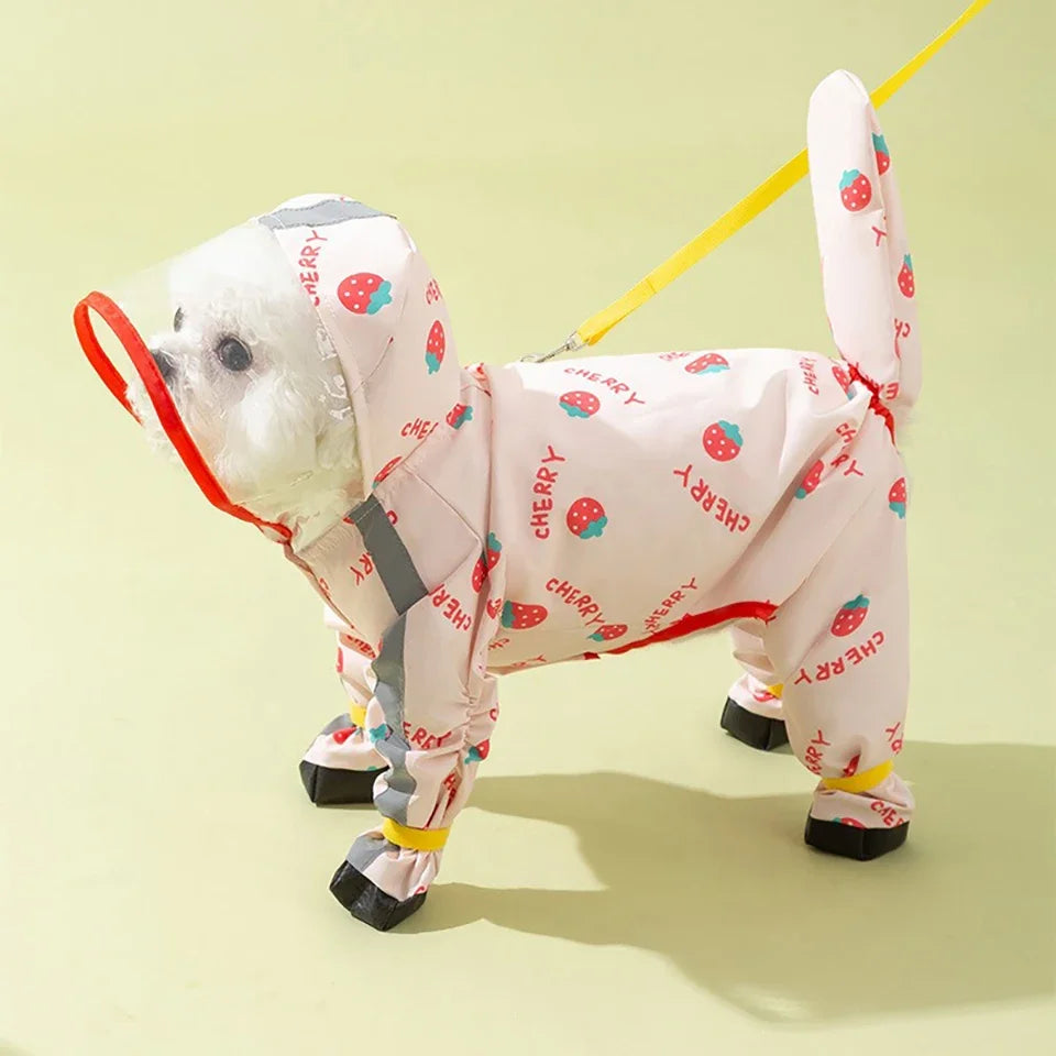 1Pcs Dog Raincoat 4-Leg Full Coverage Waterproof Leash Hook Hooded Reflective Pet Rain Jacket with Boots Detachable Tail Cover