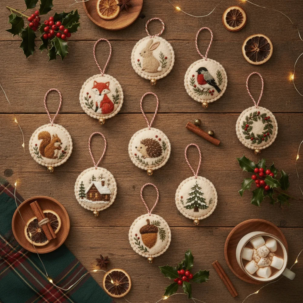 Round DIY Felt Embroidered Christmas Ornament Kit Beginner-friendly Pre-cut Felt Christmas Embroidery Craft Kit with Guidance