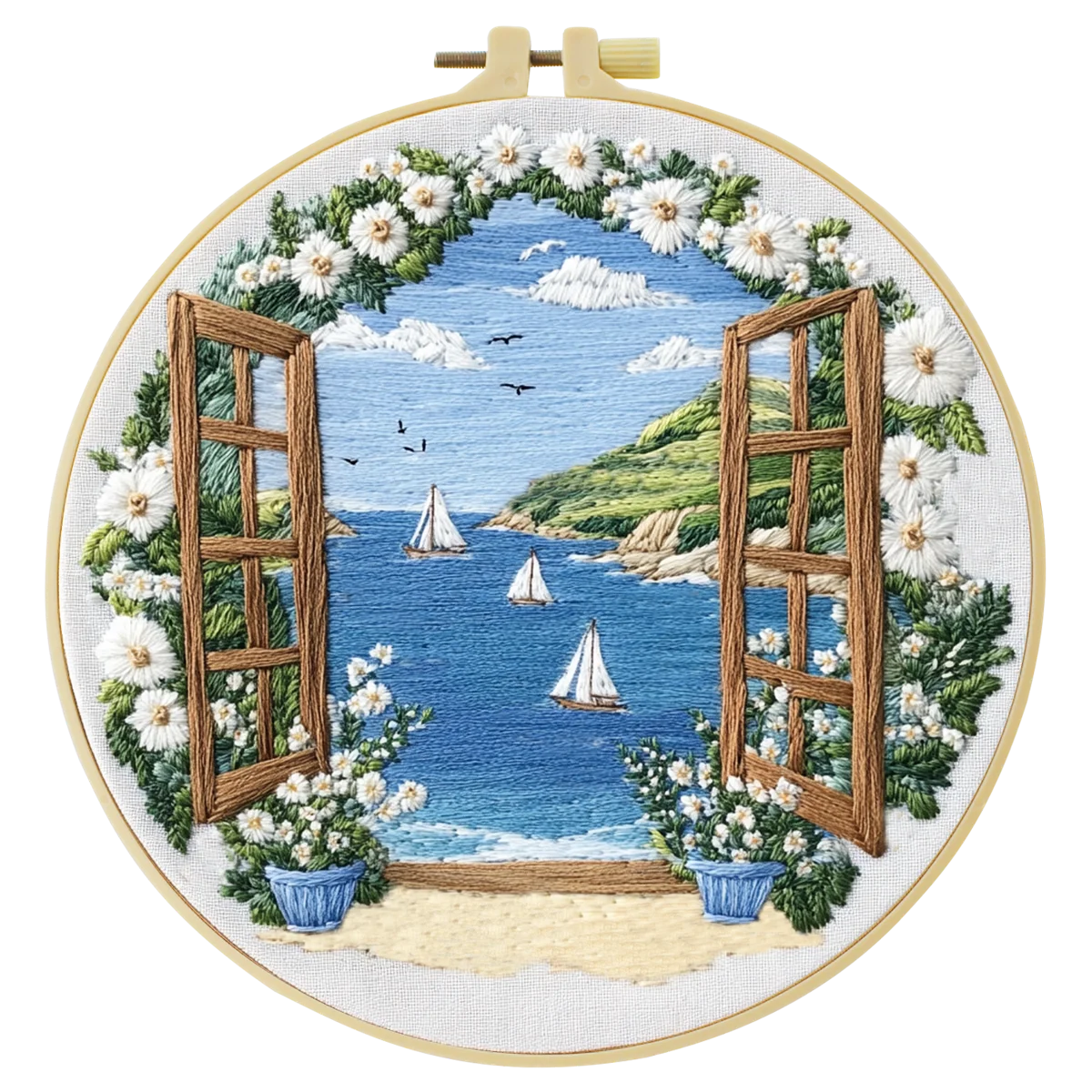 1pc 20X20CM/15X15CM 7.87/6.3inch Embroidery Starter Kit DIY Kit Home Decor, Seaside View, Embroidery Kit