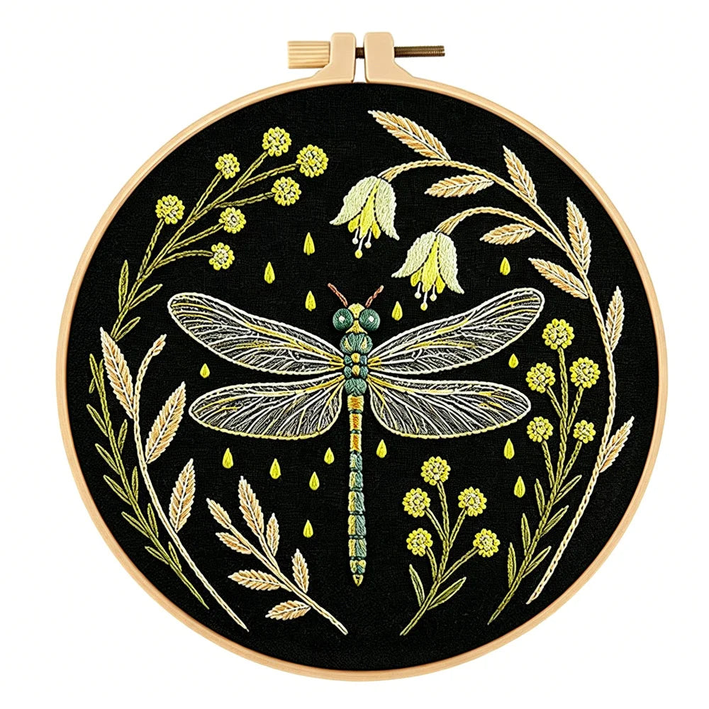 Dragonfly Butterfly Bee Insect with Flower Embroidery Kit with EN Instructions,Thread,Stamped Cloth with Pattern for DIY Gift