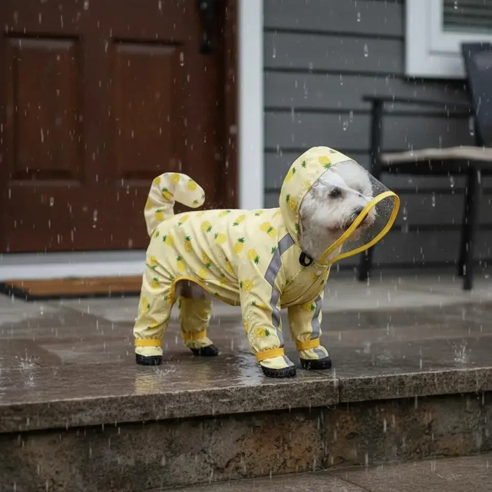 1Pcs Dog Raincoat 4-Leg Full Coverage Waterproof Leash Hook Hooded Reflective Pet Rain Jacket with Boots Detachable Tail Cover