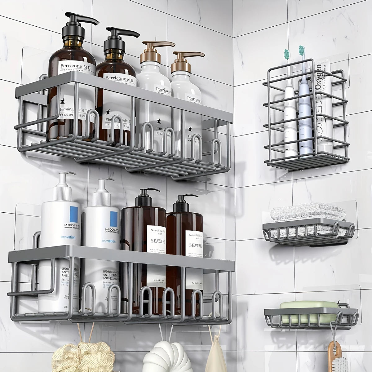 Shower Caddy Organizer, 5-Pack Adhesive Rustproof Stainless Steel Shower Shelves with Soap Holder, No Drilling Shower Storage Rack for Family Renters Bathroom, Black