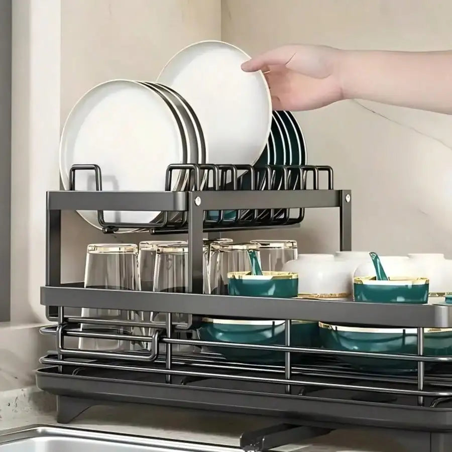 2 Tier Stainless Steel Dish Drying Rack with Drainboard, Large Rustproof Kitchen Counter Drainer for Bowls, Pans & Utensils, Detachable Water Drip Tray