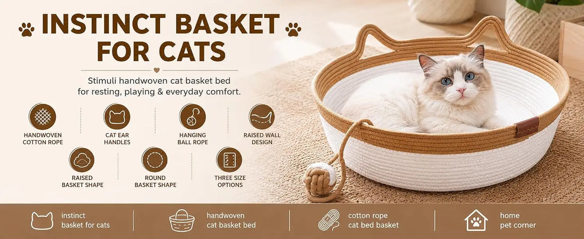 35/40/46cm Handwoven Cotton Rope Cat Basket Bed with Cat Ear Handles Ball Toy Indoor Cat Nest Sleeping Basket