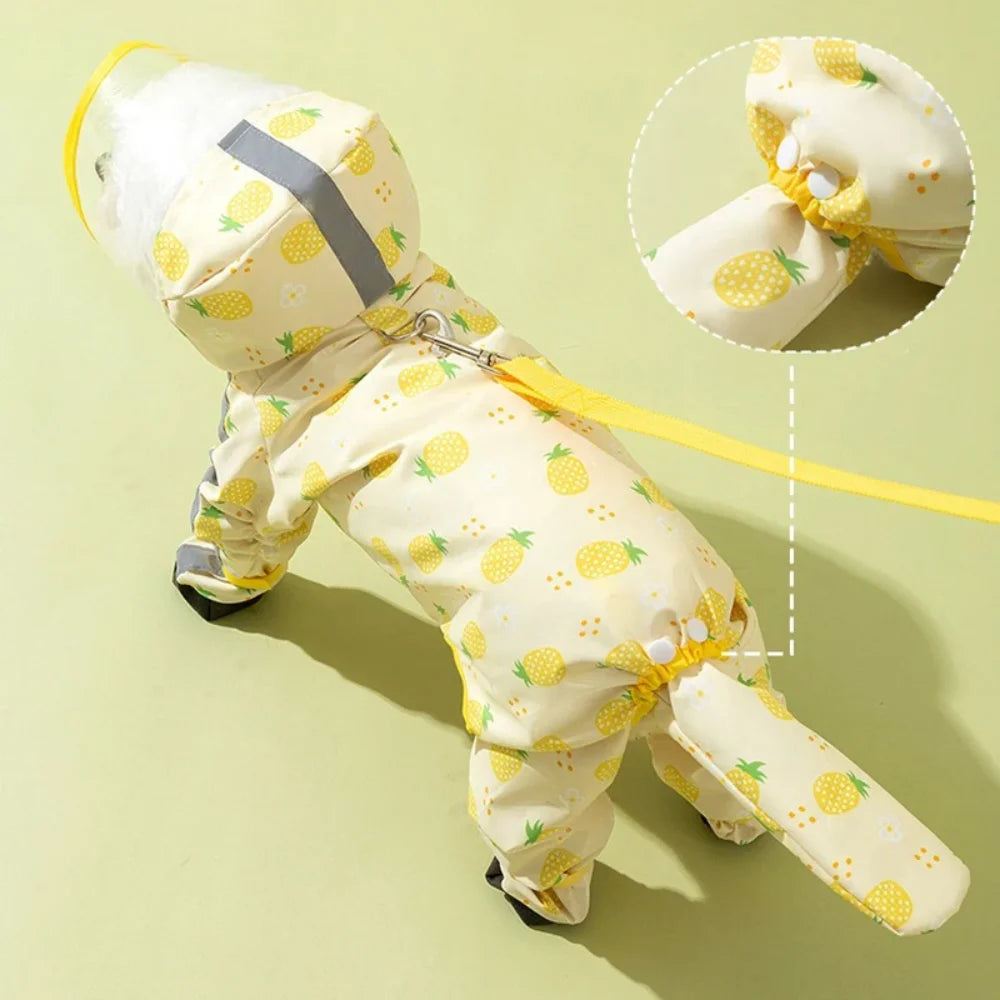 1Pcs Dog Raincoat 4-Leg Full Coverage Waterproof Leash Hook Hooded Reflective Pet Rain Jacket with Boots Detachable Tail Cover