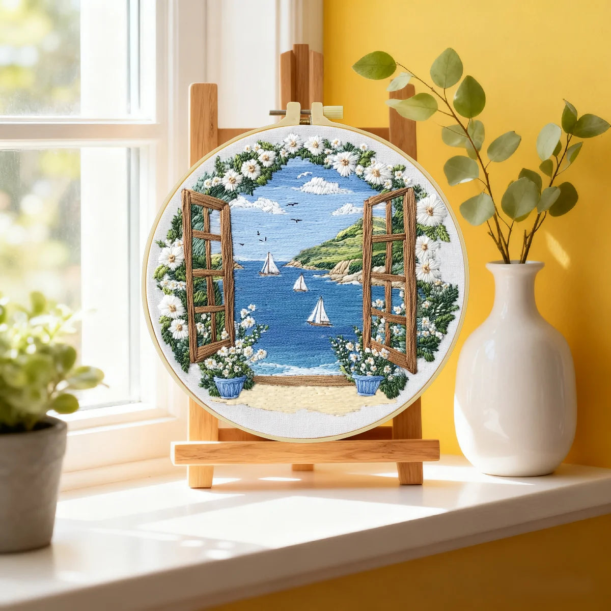 1pc 20X20CM/15X15CM 7.87/6.3inch Embroidery Starter Kit DIY Kit Home Decor, Seaside View, Embroidery Kit
