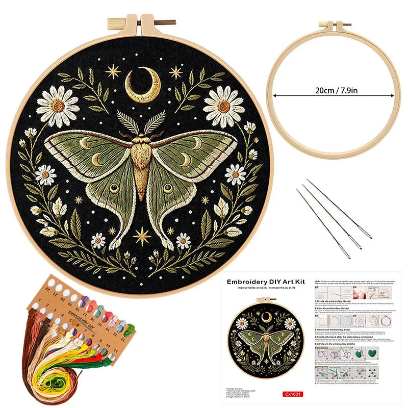 Dragonfly Butterfly Bee Insect with Flower Embroidery Kit with EN Instructions,Thread,Stamped Cloth with Pattern for DIY Gift