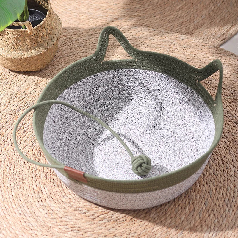 35/40/46cm Handwoven Cotton Rope Cat Basket Bed with Cat Ear Handles Ball Toy Indoor Cat Nest Sleeping Basket