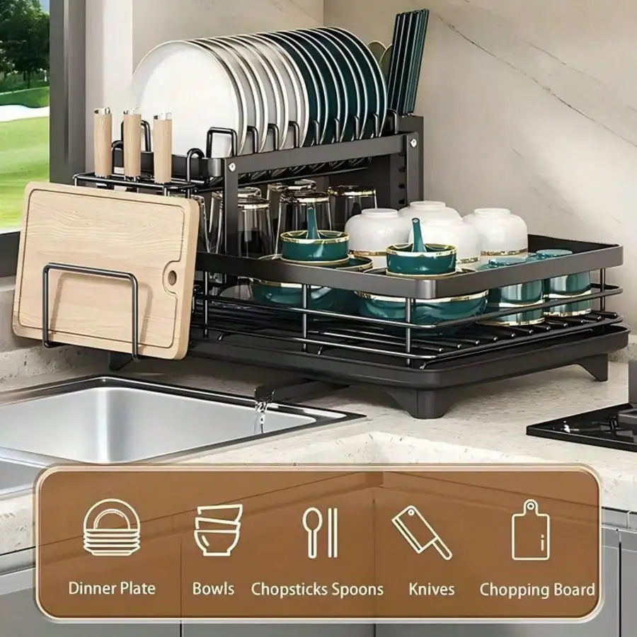 2 Tier Stainless Steel Dish Drying Rack with Drainboard, Large Rustproof Kitchen Counter Drainer for Bowls, Pans & Utensils, Detachable Water Drip Tray
