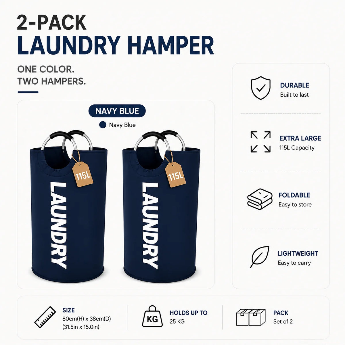 2 Pack 115L Extra Large Laundry Hamper, Foldable Laundry Basket with Soft Padded Handles, Freestanding Collapsible Laundry Bag for Clothes Storage, Bedroom, Bathroom, Dorm & Laundry Room
