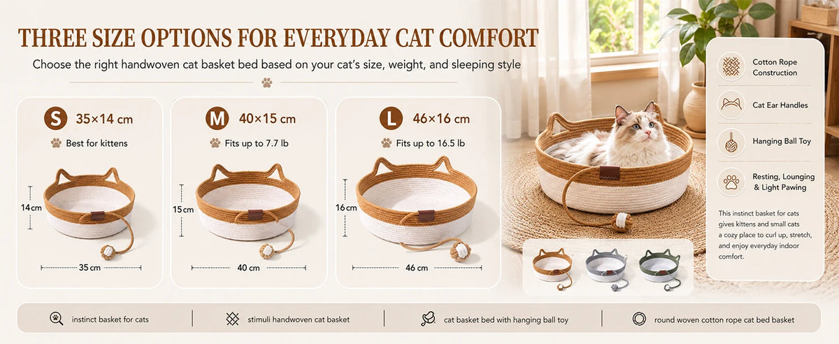 35/40/46cm Handwoven Cotton Rope Cat Basket Bed with Cat Ear Handles Ball Toy Indoor Cat Nest Sleeping Basket