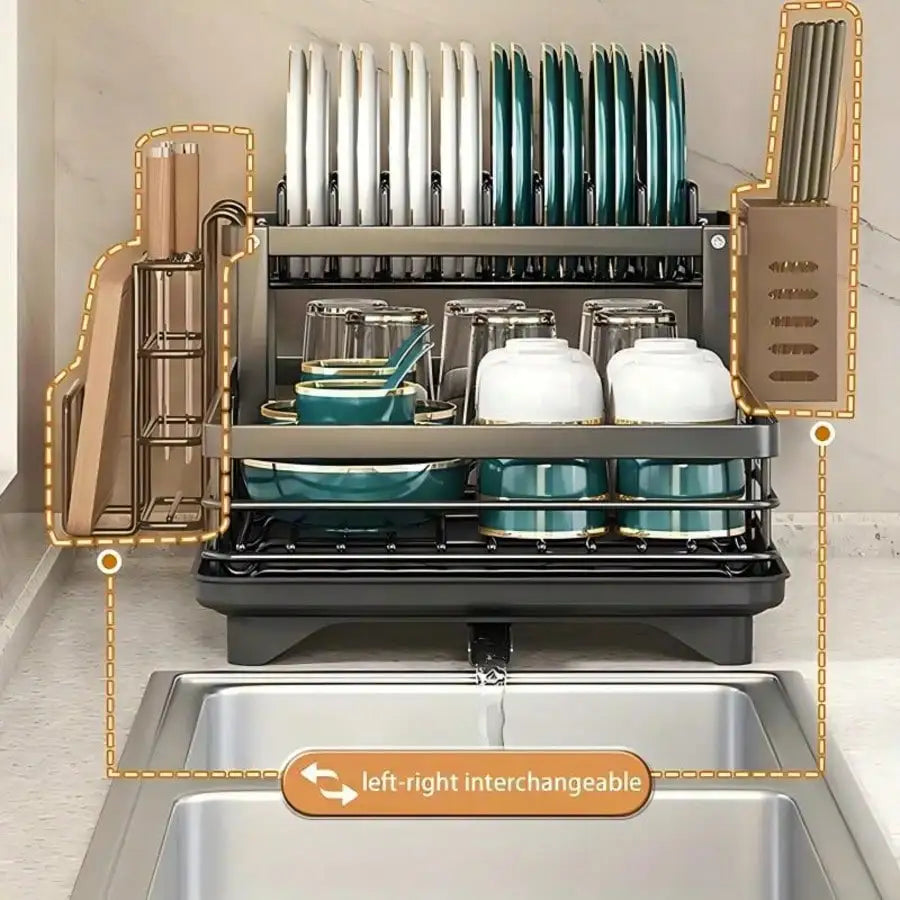 2 Tier Stainless Steel Dish Drying Rack with Drainboard, Large Rustproof Kitchen Counter Drainer for Bowls, Pans & Utensils, Detachable Water Drip Tray