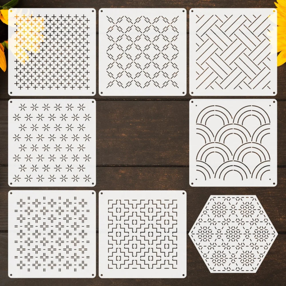 8/9/24/32Pcs Sashiko Embroidery Templates DIY Embroidery Patterns Geometric Line Quilting Template Reusable Sewing Stencils
