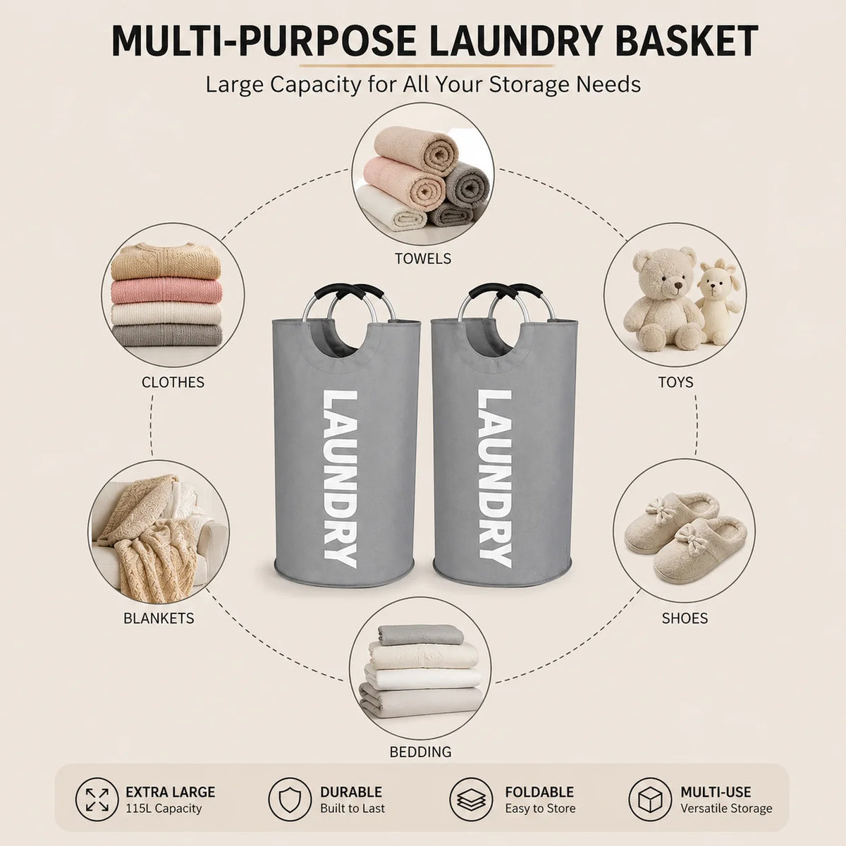 2 Pack 115L Extra Large Laundry Hamper, Foldable Laundry Basket with Soft Padded Handles, Freestanding Collapsible Laundry Bag for Clothes Storage, Bedroom, Bathroom, Dorm & Laundry Room