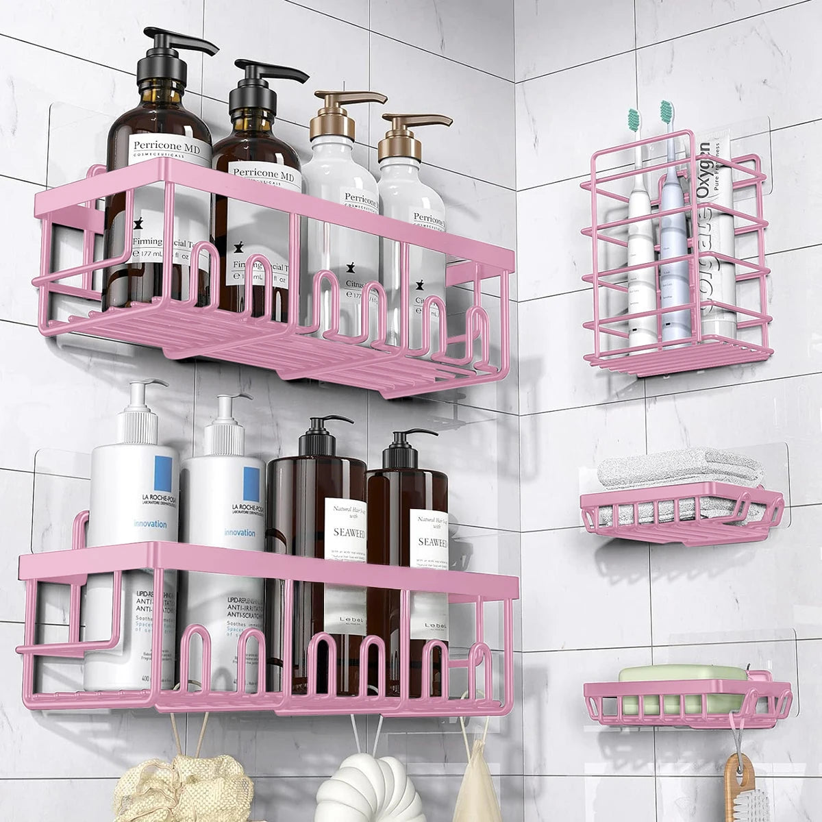 Shower Caddy Organizer, 5-Pack Adhesive Rustproof Stainless Steel Shower Shelves with Soap Holder, No Drilling Shower Storage Rack for Family Renters Bathroom, Black