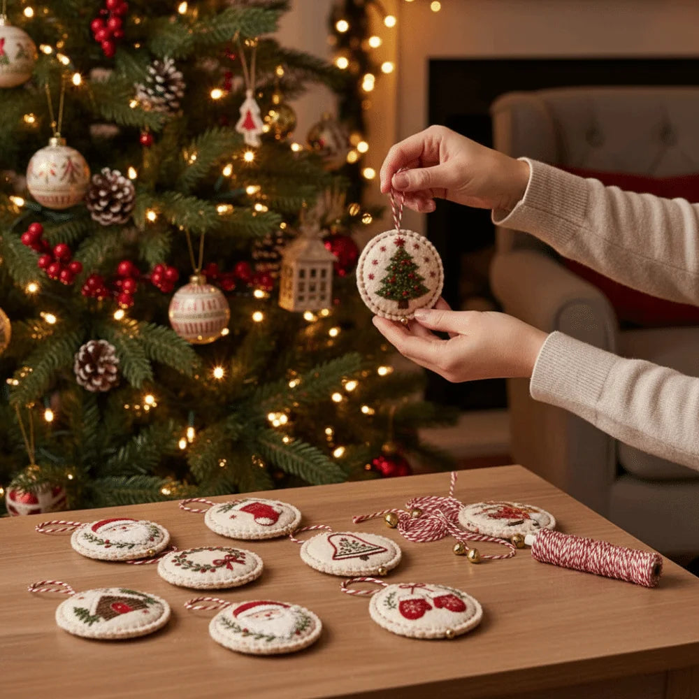 Round DIY Felt Embroidered Christmas Ornament Kit Beginner-friendly Pre-cut Felt Christmas Embroidery Craft Kit with Guidance