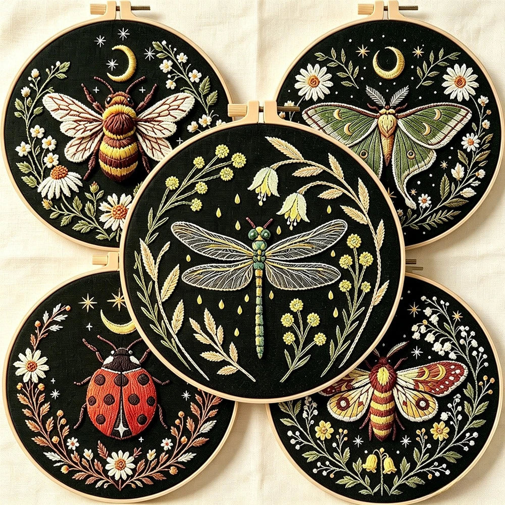 Dragonfly Butterfly Bee Insect with Flower Embroidery Kit with EN Instructions,Thread,Stamped Cloth with Pattern for DIY Gift
