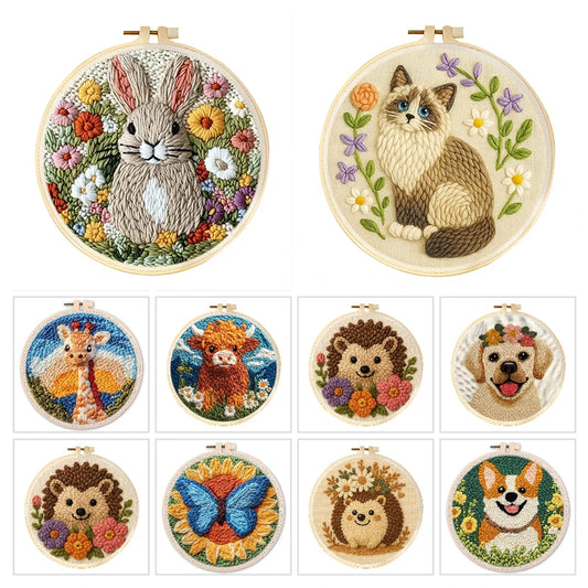 Punch Needle Kit DIY Rabbit Hedgehog Giraffe Animal Craft Supplies Punch Needle Embroidery Kit for Beginners Diy Gift for Adult