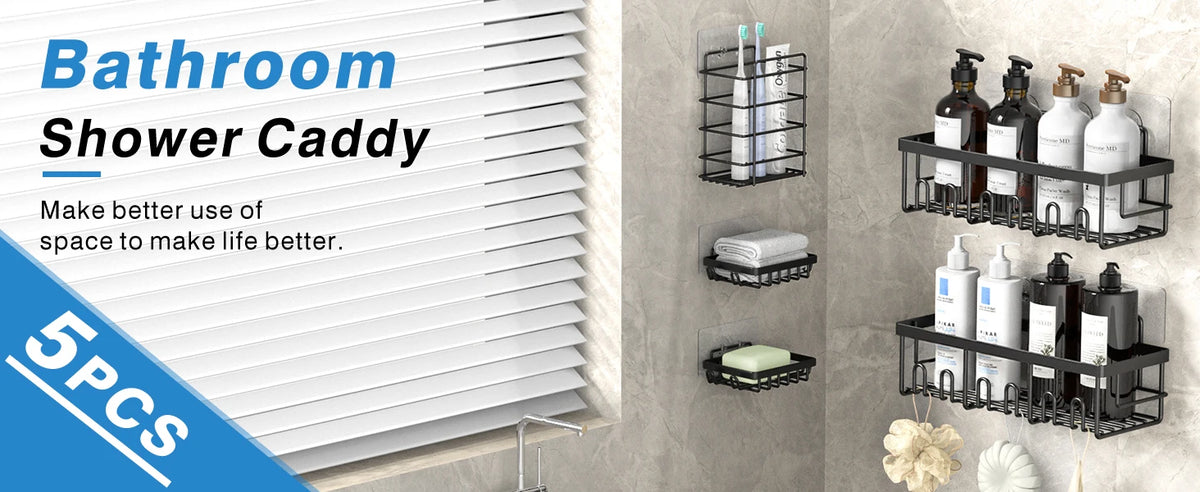 Shower Caddy Organizer, 5-Pack Adhesive Rustproof Stainless Steel Shower Shelves with Soap Holder, No Drilling Shower Storage Rack for Family Renters Bathroom, Black