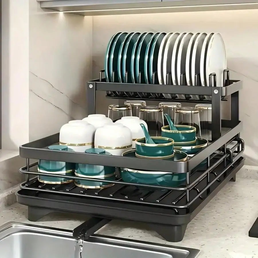 2 Tier Stainless Steel Dish Drying Rack with Drainboard, Large Rustproof Kitchen Counter Drainer for Bowls, Pans & Utensils, Detachable Water Drip Tray