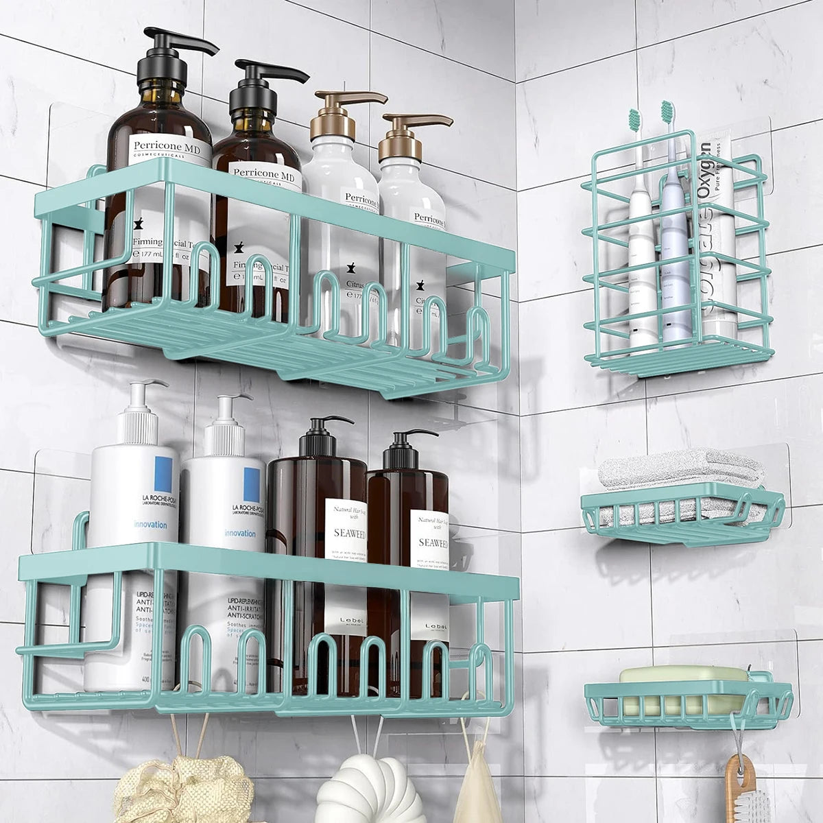 Shower Caddy Organizer, 5-Pack Adhesive Rustproof Stainless Steel Shower Shelves with Soap Holder, No Drilling Shower Storage Rack for Family Renters Bathroom, Black