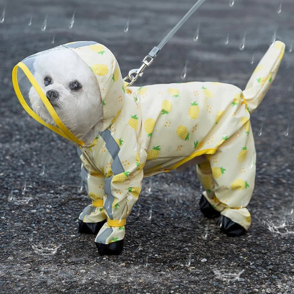 1Pcs Dog Raincoat 4-Leg Full Coverage Waterproof Leash Hook Hooded Reflective Pet Rain Jacket with Boots Detachable Tail Cover