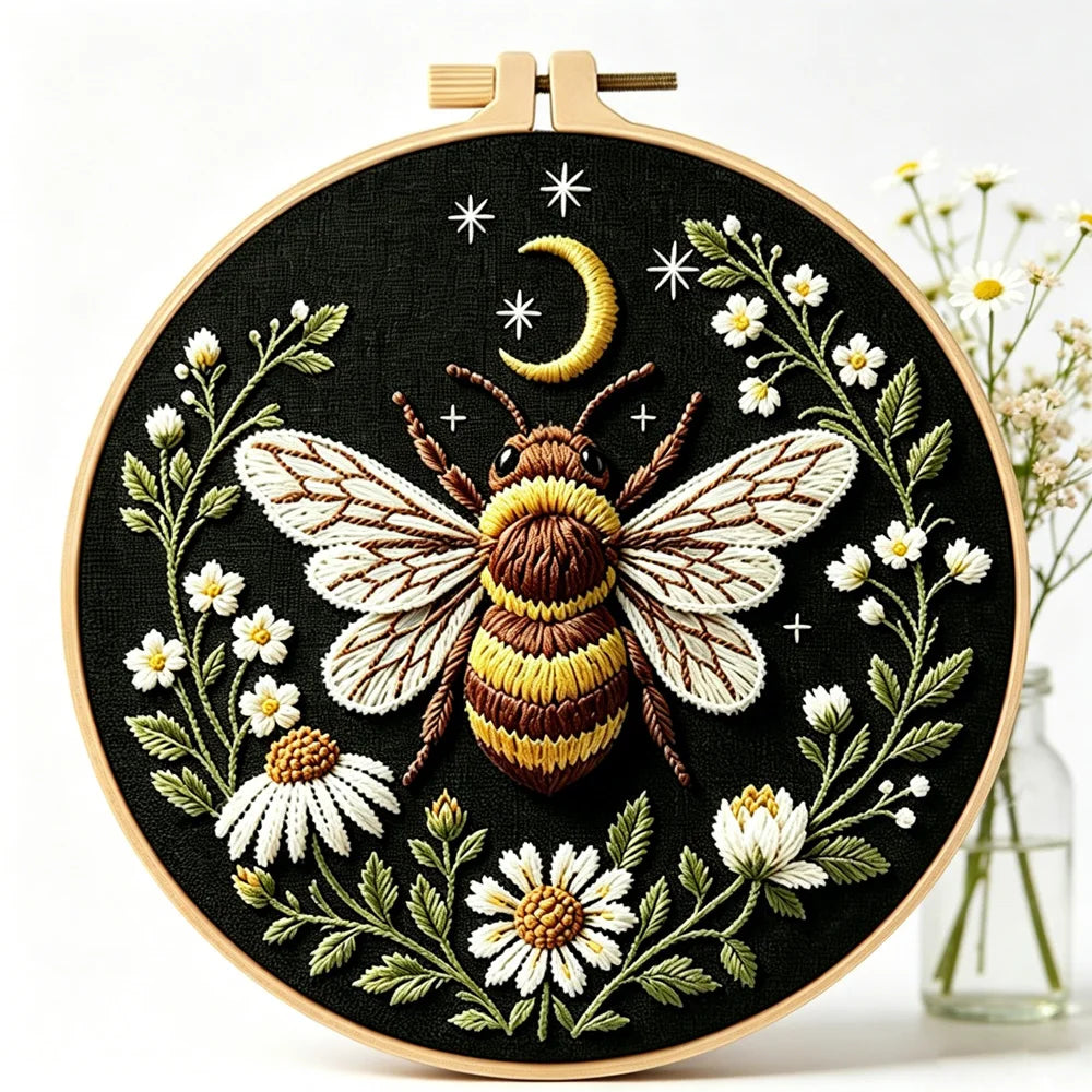 Dragonfly Butterfly Bee Insect with Flower Embroidery Kit with EN Instructions,Thread,Stamped Cloth with Pattern for DIY Gift