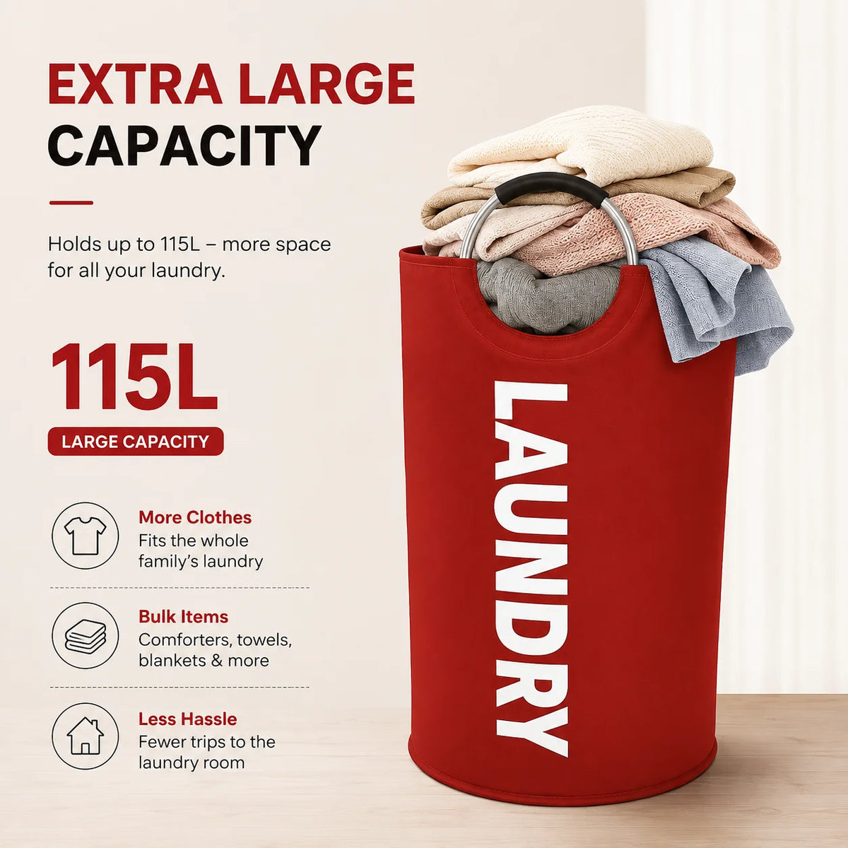 2 Pack 115L Extra Large Laundry Hamper, Foldable Laundry Basket with Soft Padded Handles, Freestanding Collapsible Laundry Bag for Clothes Storage, Bedroom, Bathroom, Dorm & Laundry Room