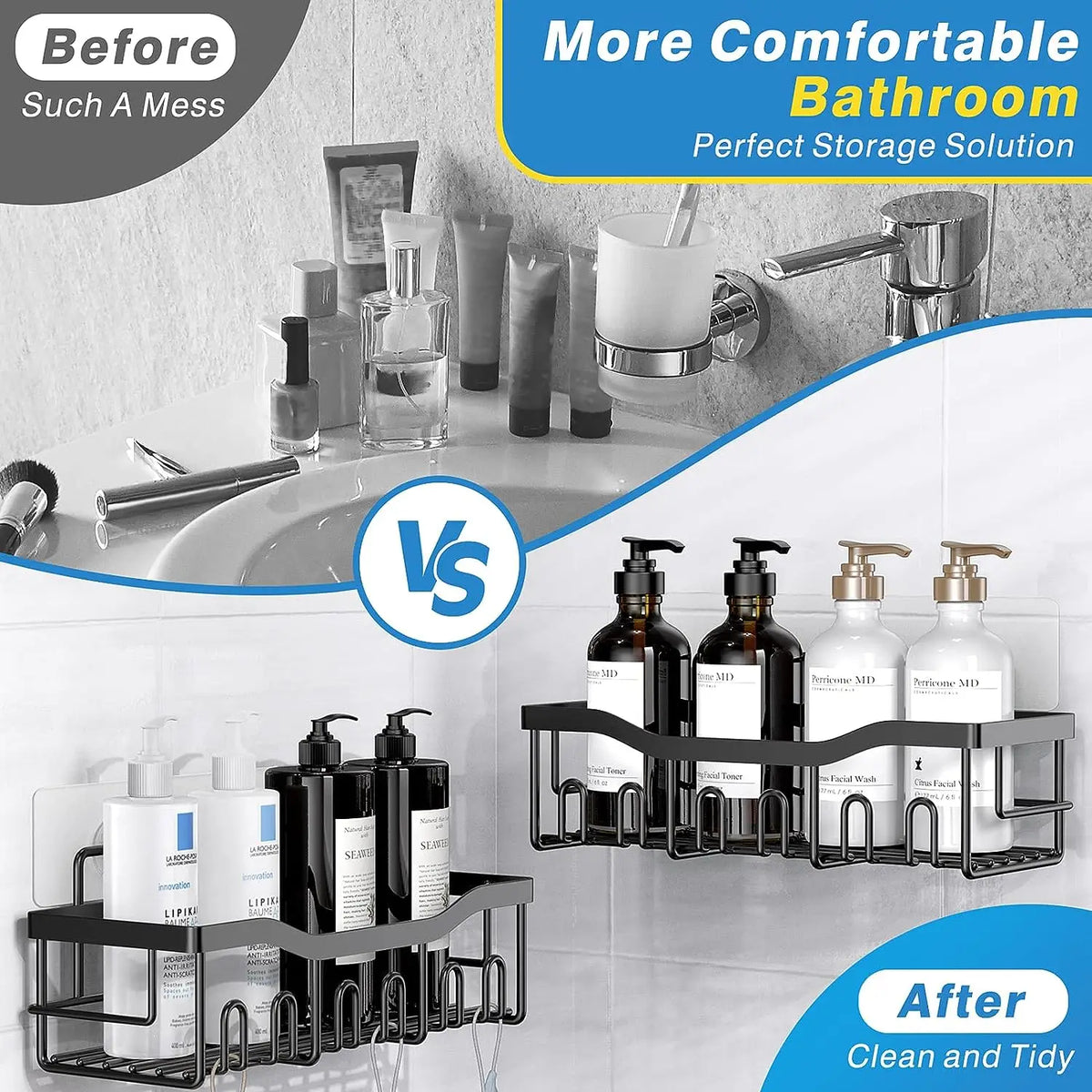 Shower Caddy Organizer, 5-Pack Adhesive Rustproof Stainless Steel Shower Shelves with Soap Holder, No Drilling Shower Storage Rack for Family Renters Bathroom, Black