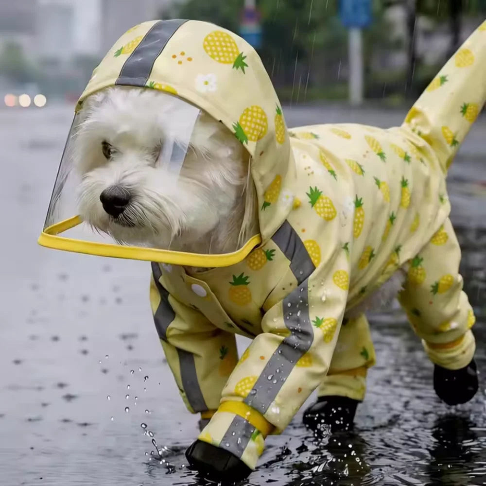1Pcs Dog Raincoat 4-Leg Full Coverage Waterproof Leash Hook Hooded Reflective Pet Rain Jacket with Boots Detachable Tail Cover