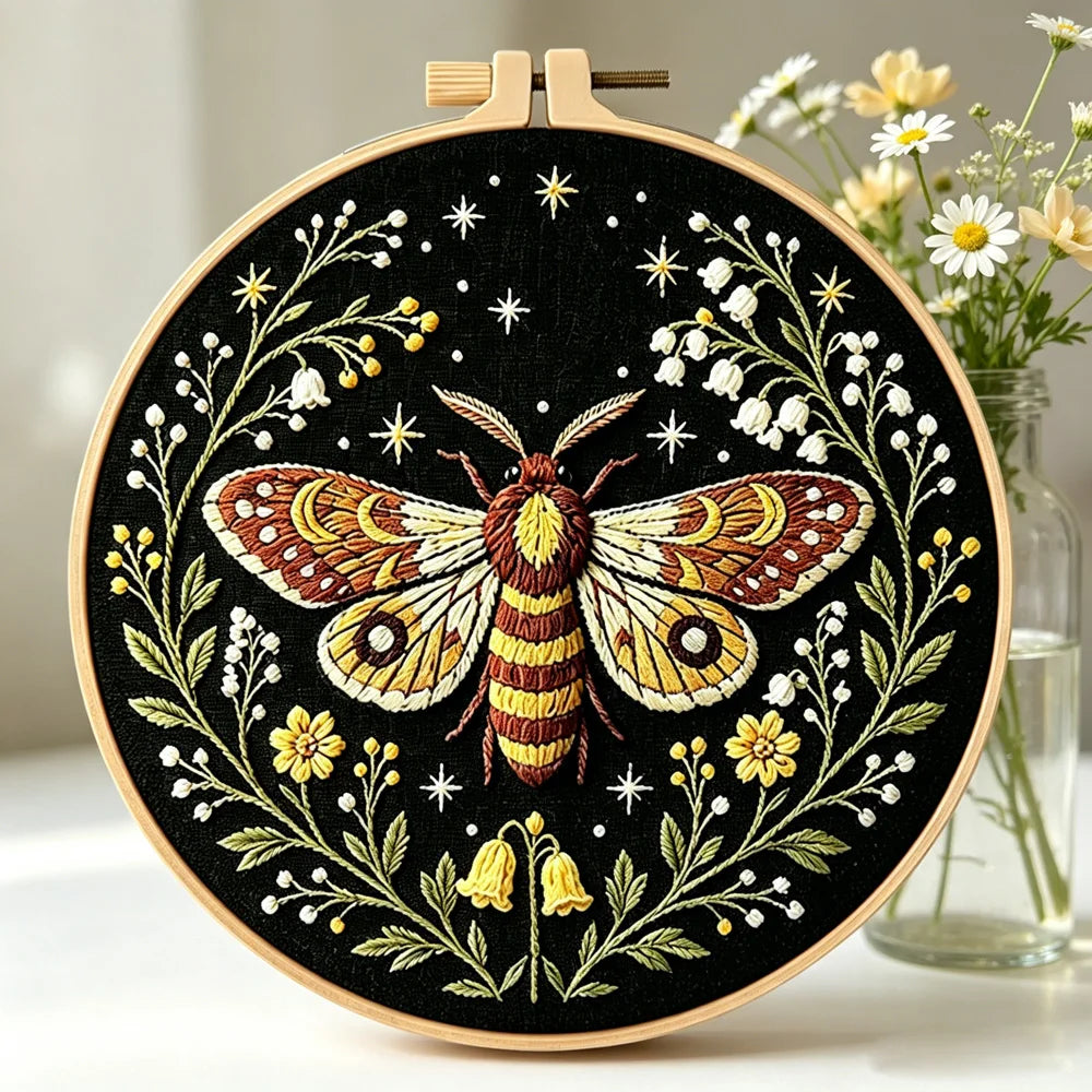 Dragonfly Butterfly Bee Insect with Flower Embroidery Kit with EN Instructions,Thread,Stamped Cloth with Pattern for DIY Gift